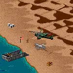 1. Pixelated military beach scene with a helicopter, boat, and weapons.