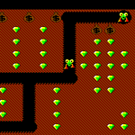 Diamond mining game level with worms, dollar sign blocks, and green gems.