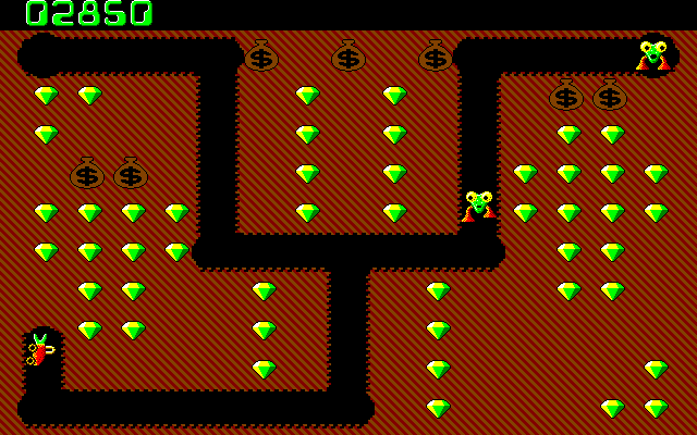 Shiny green gems and treasure chests in a maze game with monsters on a pixelated dungeon map.