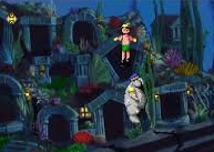 A spooky graveyard scene with ghostly figures and gravestones at night.