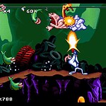 Cartoon-style shooter game scene with a mouse and flying enemies.