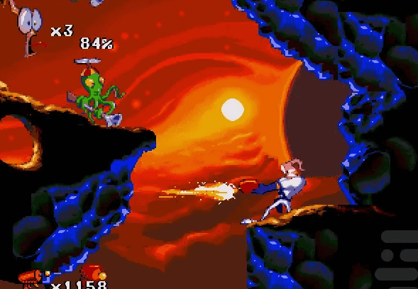 Alien creature chasing hero in a fiery sunset setting, classic arcade game action.