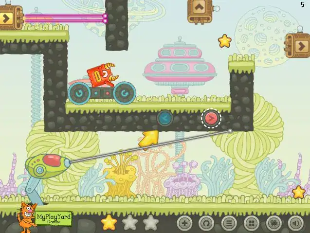 Orange cat on a car in a colorful, whimsical game world.