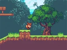Cute pixelated fox jumping over a tree stump in a colorful forest game.
