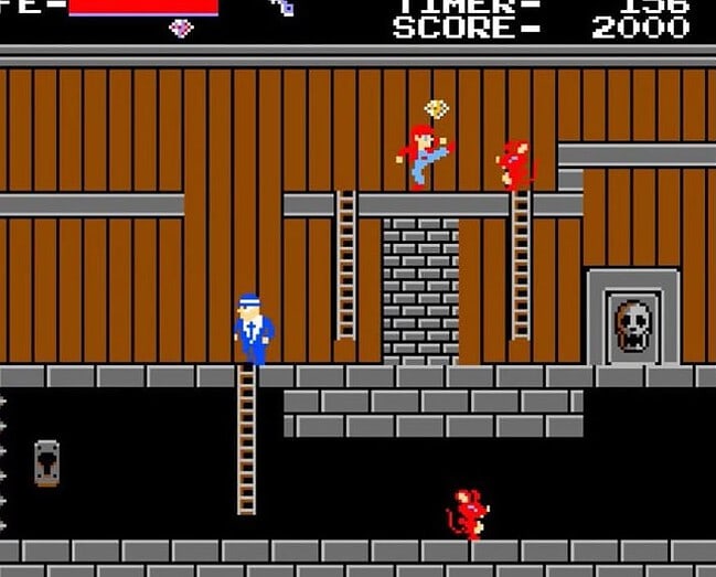 Jumping character in pixel art style arcade game, retro platformer gameplay.