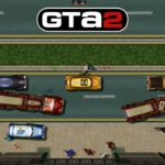 High-speed GTA2 traffic chase with cars, police, and pedestrians in an action-packed urban scene.