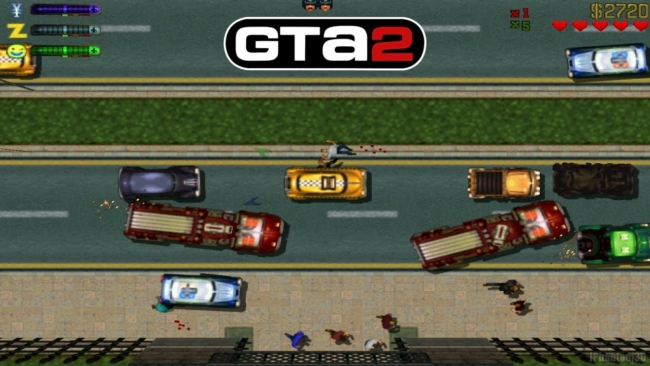 Explosive GTA 2 police chase game with cars and weapons in an urban environment.