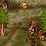 Colorful cartoon beaver in a forest setting with trees and a river, from mini-games.pro.