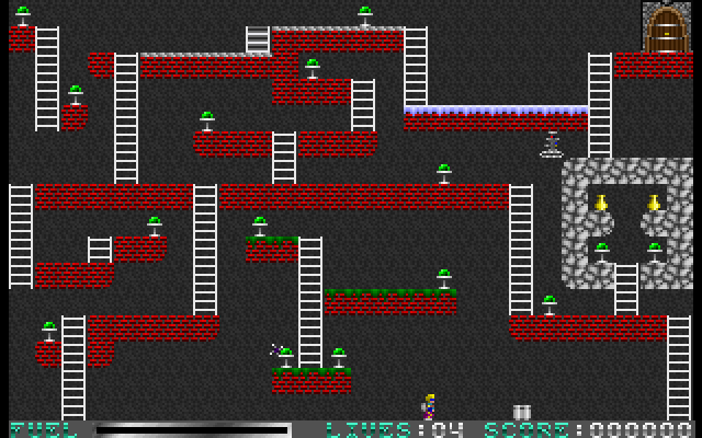 2D pixel art platformer game scene with ladders, green mushrooms, and a character with a rocket launcher.