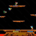 Pixelated dinosaur and pterodactyl characters in a volcanic game setting.