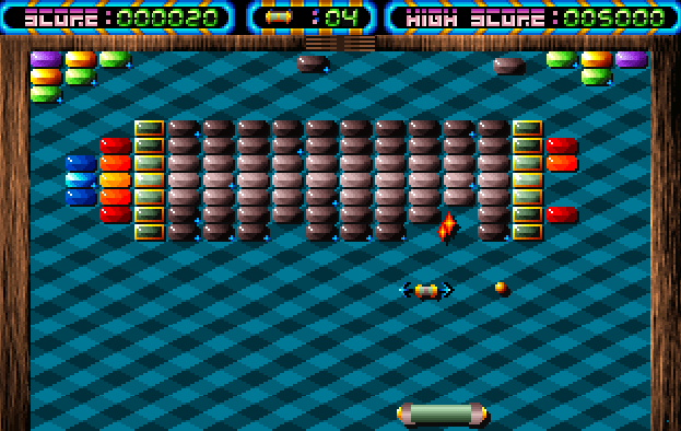 Colorful Brick Breaker Arcade Game with Power-Ups and High Scores.