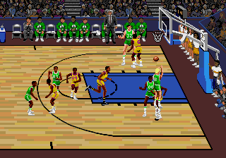A retro pixel art basketball game with players in green and yellow uniforms on the court.