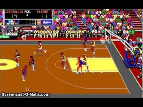 Vintage basketball video game gameplay showing an intense match between Los Angeles and Detroit teams.
