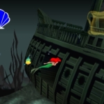 Colorful mermaid exploring sunken shipwreck under the sea.