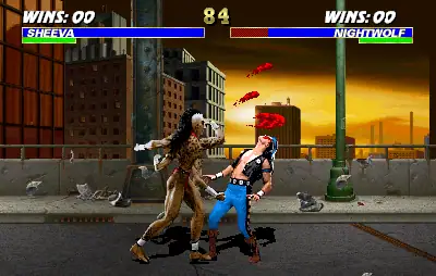 Vampire and vampire hunter battling in urban street game scene.