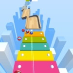 Colorful 3D ball maze game on a vibrant rainbow pathway.