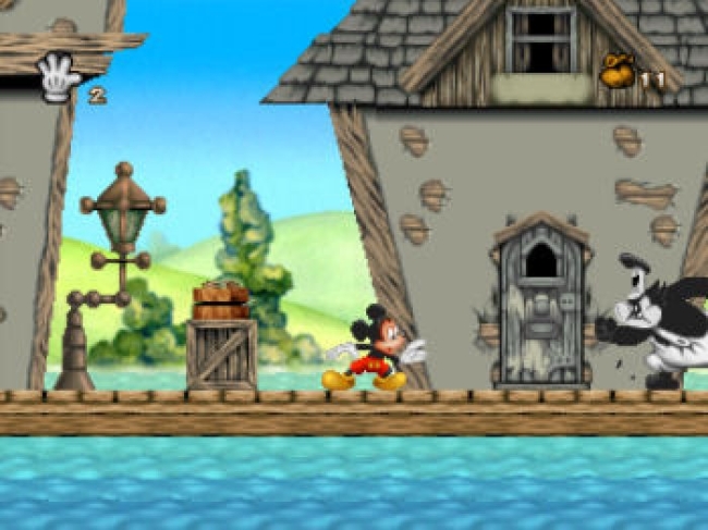 Cute Mickey Mouse cartoon game scene with water and houses.