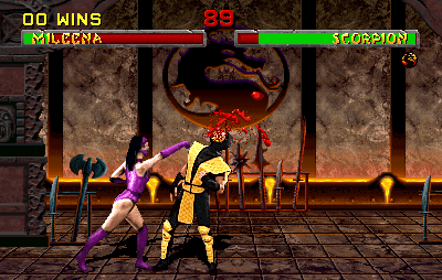 Epic Mortal Kombat fight scene with Scorpion and Maid in action.