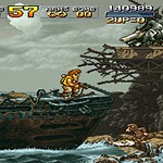 1. Retro pixel art of soldiers on a warship firing guns during wartime.