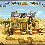 Air combat game with pixel art desert scene, soldiers shooting, and buildings.