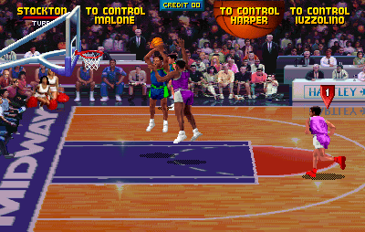High-flying basketball dunk in a vintage arcade game, featuring colorful characters and retro graphics.
