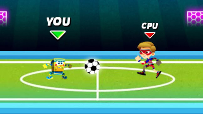 Animated soccer game featuring characters labeled 'You' and 'CPU' on the field.