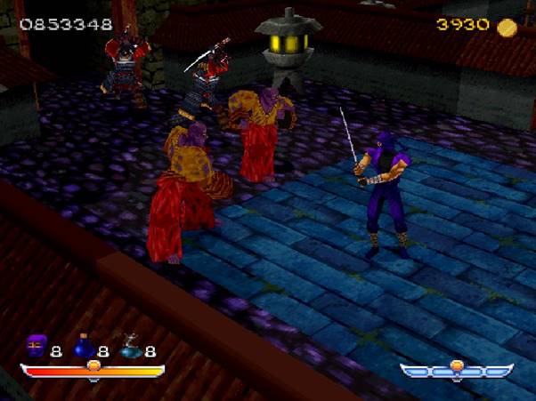 1. Ninja warriors battling on a traditional rooftop dojo with swords.