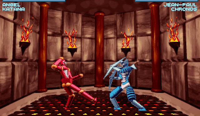 Pink and blue robotic fighters battling inside a fiery arena for victory.
