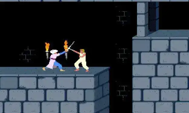 Pixel art medieval sword fight game scene with two knights battling on castle ledge.