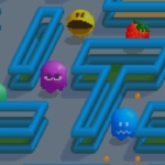 Pixelated Pac-Man-themed maze game with colorful ghosts and fruits.