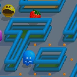 Pixelated Pac-Man-themed maze game with colorful ghosts and fruits.