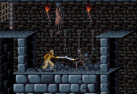 High school sword fight game scene in dungeon setting with skeletons and torches.