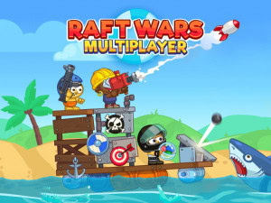 Colorful Raft Wars multiplayer game with pirates and sharks on the ocean.