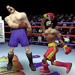 Boxing match between two animated characters in a virtual ring, featuring intense action and colorful attire.