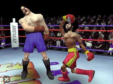Boxing match between two animated characters in a virtual ring, featuring intense action and colorful attire.