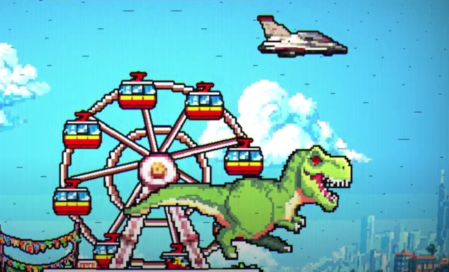 Bright pixel art of a T-Rex dinosaur, ferris wheel, and fighter jet in a retro arcade game scene.