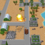 Explosive destruction in a pixelated cityscape during a game battle.