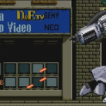 Giant robot battles city street in pixel art style videogame scene.