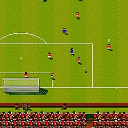 Retro pixelated soccer game gameplay with players on the field.