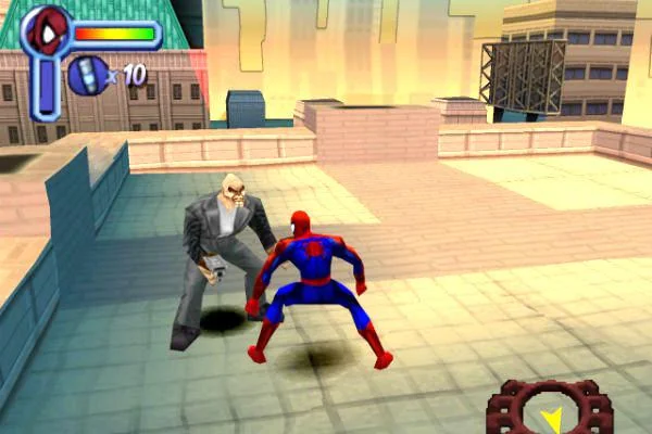 1. Spider-Man battling a villain on a city rooftop in a classic online game scene.