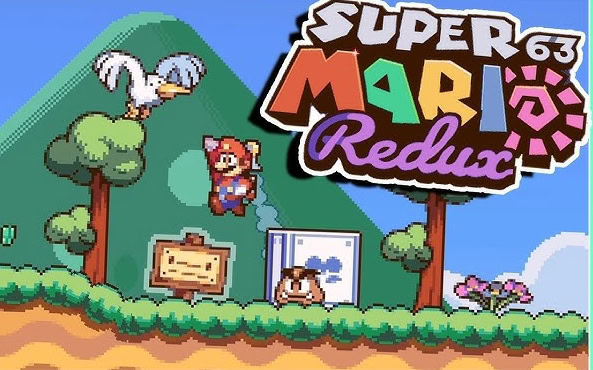 Bird perched on tree with Super Mario World icon in the background, showcasing classic pixel art.