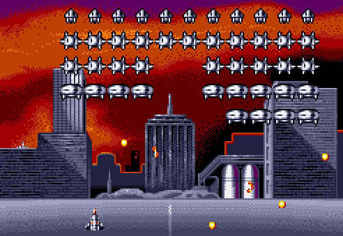 Alien Invaders classic arcade game screenshot with pixel art graphics and cityscape background.