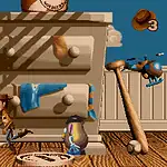 Colorful cartoon kids playing hide and seek game with a wooden cabinet setup.