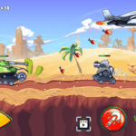 Explosive tank battle game with missile attacks and desert landscape.