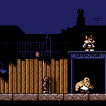 Old-school pixel art cityscape at night with dog character and garage, inspired by retro video games.