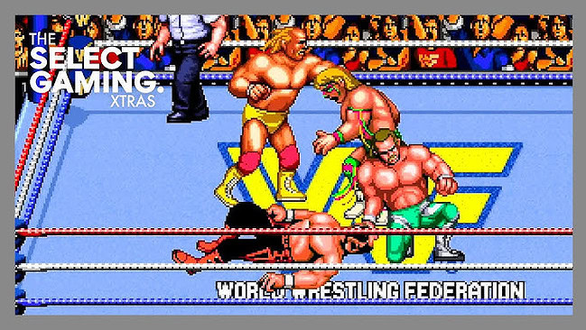 Vintage wrestling arcade game with colorful pixel art and dynamic action scenes.