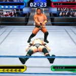 1. Intense wrestling match between two professional wrestlers in a gaming ring.
