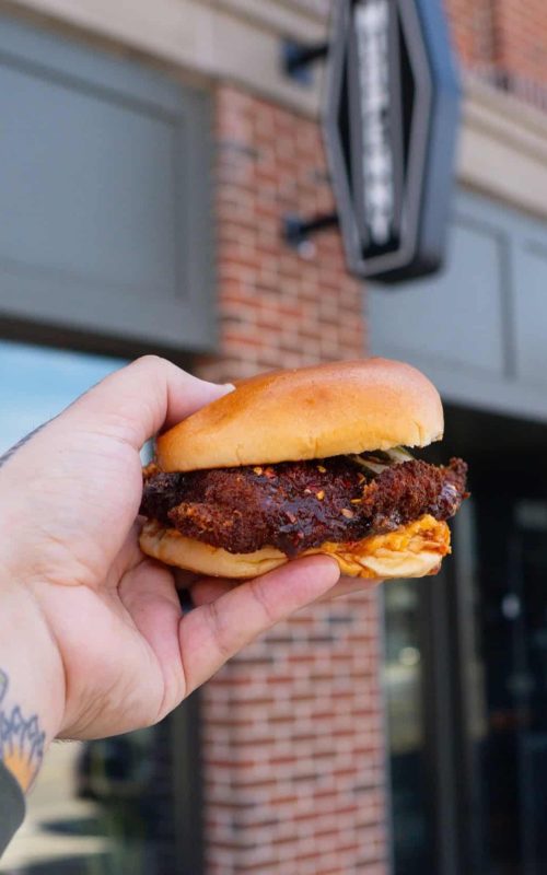 Delicious burger with crispy patty and soft bun held outdoors.