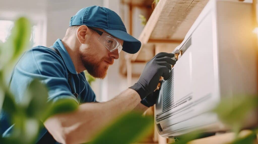 HIGH-QUALITY HVAC TECHNICIAN REPAIRING AIR CONDITIONER, WEARING PROTECTIVE GLOVES AND SAFETY GLASSES, FOCUSING ON PRECISE INSTALLATION OR MAINTENANCE WORK.