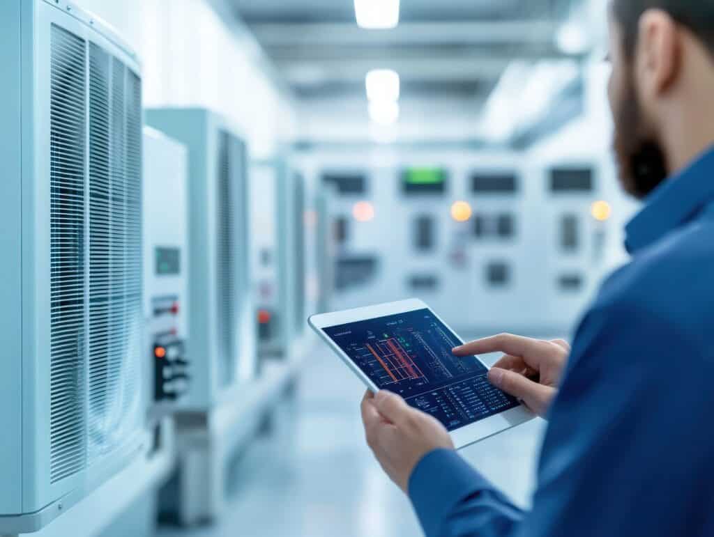 EFFICIENT HVAC TECHNICIAN MONITORING AIR CONDITIONING SYSTEM USING TABLET IN A MODERN SERVICE CENTER.